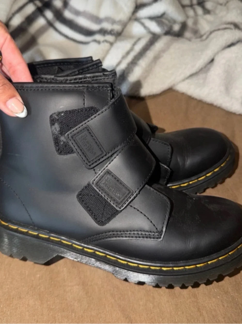 Dr. Martens Black Kids Velcro Combat Boots with Yellow Stitching
